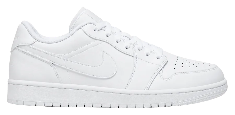 White leather low-top sneaker with a thick flat white sole, side view