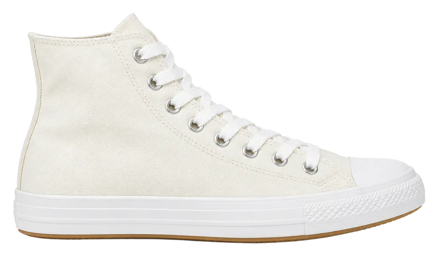 Off-white canvas high-top sneaker with a white rubber toe cap, side view