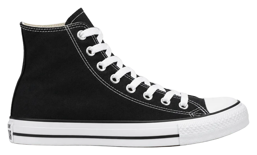 Black canvas high-top sneaker with a white rubber toe cap, side profile
